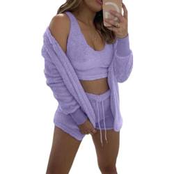 WIWIDANG Shecozy Pyjama Set, Cozy Knit Set 3-Piece, Sexy Flauschiges 3-teiliges Pyjama-Cardigan-Outfit-Set für Damen (DE/NL/SE/PL, Alphanumerisch, M, Regular, Regular, Purple-b) von WIWIDANG