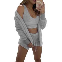 WIWIDANG Shecozy Pyjama Set, Cozy Knit Set 3-Piece, Sexy Flauschiges 3-teiliges Pyjama-Cardigan-Outfit-Set für Damen (DE/NL/SE/PL, Alphanumerisch, S, Regular, Regular, Gray-b) von WIWIDANG