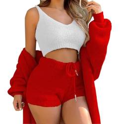 WIWIDANG Shecozy Pyjama Set, Cozy Knit Set 3-Piece, Sexy Flauschiges 3-teiliges Pyjama-Cardigan-Outfit-Set für Damen (DE/NL/SE/PL, Alphanumerisch, XXL, Regular, Regular, Red-a) von WIWIDANG