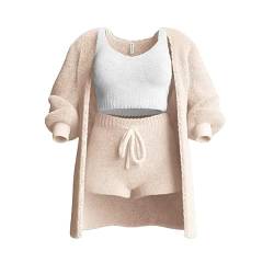 WIWIDANG The Cozy Knit Set, 3 Piece Set-Cozy Knit Sets Crop Top, Shorts & Long Coat (Aprikose, XL) von WIWIDANG