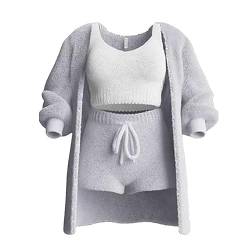 WIWIDANG The Cozy Knit Set, 3 Piece Set-Cozy Knit Sets Crop Top, Shorts & Long Coat (Grau, L) von WIWIDANG