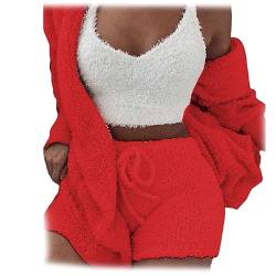 WIWIDANG The Cozy Knit Set, 3 Piece Set-Cozy Knit Sets Crop Top, Shorts & Long Coat (Rot, L) von WIWIDANG