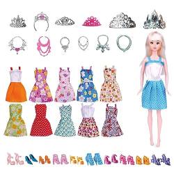 WKRTDY Barbie Kleidungsset von - 32teiliges Puppenkleidungs- und Zubehörset für Mädchenpuppen mit eleganten Abendkleidern und Schmuck. Enthält 10 Kleider, 10 Schuhe und 12 Accessoires. von WKRTDY