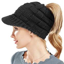 Winter Strickmütze Schirmmütze Wintermütze Beanie Mütze Hüte Mützen Caps für Damen Gestrickte Baseballmütze Pferdeschwanz Mütze mit Zöpfen Loch (Schwarz) von WKTRSM