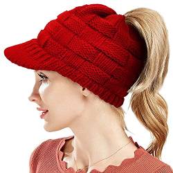 Wintermütze Beanie Mütze Winter Strickmütze Schirmmütze Hüte Mützen Caps für Damen Gestrickte Baseballmütze Pferdeschwanz Mütze mit Zöpfen Loch (Rot) von WKTRSM