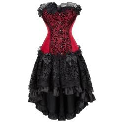 WLFFW Damen Vollbrust Corsage mit Rock Satin Korsett Vintage (EUR(30-32) XS, Rot) von WLFFW