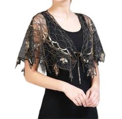 WLLDDDIU Damen Schaloberteil mit glänzendem Pailletten Design glitzernde Stickerei Bolero Achselzucken Oberteile elegant Schnürung Netz gehäkelt Art Deco Abendumhang Hochzeitsfeier Schal S von WLLDDDIU