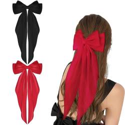 WLLHYF 2 Stück Haarspangen mit großer Schleife weicher seidiger Satin-Haarspange langer Schwanz französisches Band Haarnadeln 90er-Jahre Bowknot-Clips für Party Weihnachten Frauen (Schwarz+Rot 2) von WLLHYF