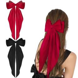 WLLHYF 2 Stück Haarspangen mit großer Schleife weicher seidiger Satin-Haarspange langer Schwanz französisches Band Haarnadeln 90er-Jahre Bowknot-Clips für Party Weihnachten Frauen (schwarz+weinrot) von WLLHYF