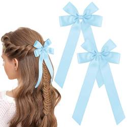 WLLHYF 2 Stück seidige Satin-Haarschleifen Haarspange französisches Haarband Pferdeschwanzhalter Metallschieber Haarspange Krokodilklemmen großer langer Haarschmuck für Frauen Mädchen (Blau) von WLLHYF