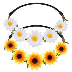 WLLHYF 2 x Gänseblümchen-Haarbänder, Hippie-Sonnenblumen-Haarbänder Modisch Festival Kranz Kopf-Set Mehrfarbig Blumenkrone Zubehör Braut-Kopfschmuck, Damen, Mädchen, Strand, Urlaub von WLLHYF