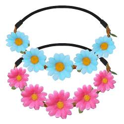 WLLHYF 2 x Gänseblümchen-Haarbänder, Hippie-Sonnenblumen-Haarbänder Modisch Festival Kranz Kopf-Set ehMrfarbig Blumenkrone Zubehör Braut-Kopfschmuck Mädchen Damen Strand Urlaub von WLLHYF