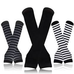 WLLHYF 3 Paar Kaschmir Feel Handgelenk Fingerlose Handschuhe mit Daumenloch Winter Strick Fingerlose Handschuhe, Armstulpen(Schwarz-weiße Streifen + Schwarzgraue Streifen + Schwarz) von WLLHYF