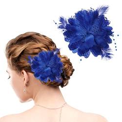 WLLHYF Damen Feder Blume Haarspange Eleganter Hut Blume Mesh Bänder Brosche Pin Haar Accessoire Fascinator Kopfbedeckung Floral Corsage für Frauen und Mädchen Geburtstag Hochzeit Party (Königsblau) von WLLHYF