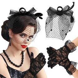 WLLHYF Fascinators Hut Federn Schleier Mesh Stirnband mit kurzen Spitzenhandschuhen 1920er Jahre Tee Party Hut für Frauen Haarspange Hut (Schwarz) von WLLHYF