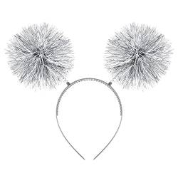 WLLHYF Folienstreifen Pom Pom Stirnband Lametta Mode Stirnband Flauschige Ball Haarschlaufe Cosplay Haarschmuck für Frauen Mädchen Weihnachten Party Geburtstag (Silber) von WLLHYF