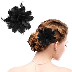 WLLHYF Schwarze Damen Feder Blume Haarspange Eleganter Hut Blume Mesh Bänder Brosche Pin Haar Accessoire Fascinator Kopfbedeckung Floral Corsage für Frauen Geburtstag Hochzeit Party (Schwarz) von WLLHYF