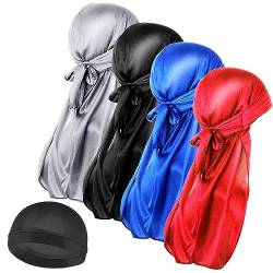 WLLHYF Seide Männer Durag, Piratenhut-Set Ultraweiche Wellenkappe Satin Extra Lange (Schwarz + Blau + Silber + Rot + runde Kappe) Einheitsgröße von WLLHYF