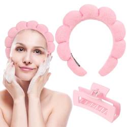 WLLHYF Spa-Stirnband Gesichtswasch-Armband-Set Weiches Schwamm-Kopfband mit Quadratischen Klauenklammern Make-up-Hautpflege-Haarband (Rosa) von WLLHYF