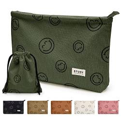 WLLWOO Make-up-Tasche, 2 Stück, Smile Face, Kord, Kosmetiktasche, Reißverschluss, Innenmaterial, wasserdicht, Münzetui, Reise-Kulturbeutel, kleine Make-up-Tasche für Frauen, Militär, Grün von WLLWOO WLLWOO