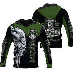 WLXW Herren Vintage Odin Viking Tattoo Nordische Mythologie 3D-Gesamtdruck Hoodie/Pullover/Sweatshirt, Kleidung Lässige Streetwear, Vatertagsgeschenk,Hoodie Zipper,L von WLXW