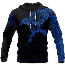 WLXW Viking - Der Rabe Von Odin Tattoo 3D Gedruckte Herren Hoodies Harajuku Fashion Hooded Sweatshirt Herbst Unisex Hoodie,Blau,XL von WLXW