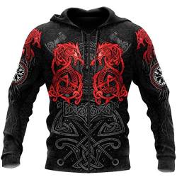 WLXW Vintage Odin Thors Hammer Tattoo 3D Viking Hoodie, Nordische Mythologie Dragon Rune Tie-Dye Pullover/Sweatshirt/Kurzarm, Casual Street Harajuku Paar Jacke,Hoodiezip,XXL von WLXW