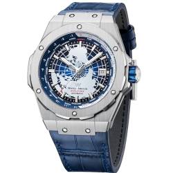 Welly Merck Uhr Herren Leuchtende Herren Mechanische Uhr Blau Planet Saphirglas Hohl Edelstahl Herrenuhr, Blau von WM Welly Merck