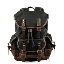 Mens Waxed Canvas Rucksack Leder Rucksack für Männer Wax Leather Rucksäcke Travel Vintage Bookbag mit Laptopfach Rustikal Large Waterproof,Schwarz von WMING