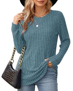 WNEEDU Blau Langarm-Shirts für Frauen Rundhalsausschnitt leichte Oberteile leichte lockere Tunika Pullover Denim-Blau L von WNEEDU