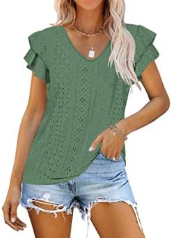 WNEEDU Bluse Damen Sommer Rüschenärmel Top Elegant V Ausschnitt Kurzarm T Shirt Oberteile Dark Green XL von WNEEDU