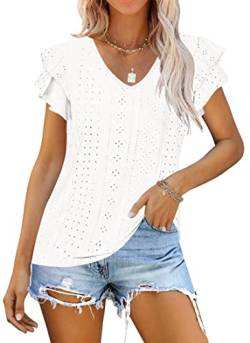 WNEEDU Bluse Damen Sommer Rüschenärmel Top Elegant V Ausschnitt Kurzarm T Shirt Oberteile White S von WNEEDU