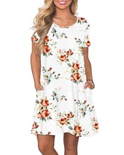 WNEEDU Damen Boho Sommer Strandkleider Blumen Kurzarm Tank T-Shirt Sommerkleid mit Taschen(S,Rosa Weiß) von WNEEDU