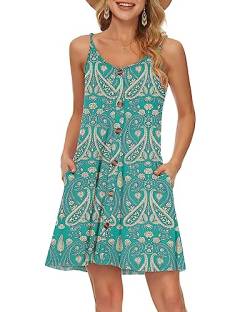 WNEEDU Damen Kleid Sommer Spaghettiträger Sommerkleid Kurze Strandkleider V Ausschnitt Leichte Freizeitkleid mit Taschen Boho Grün Blume L von WNEEDU