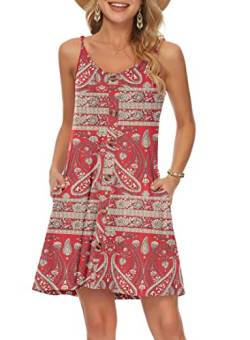 WNEEDU Damen Kleid Sommer Spaghettiträger Sommerkleid Kurze Strandkleider V Ausschnitt Leichte Freizeitkleid mit Taschen Boho Rote Blume S von WNEEDU