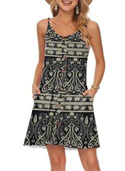 WNEEDU Damen Kleid Sommer Spaghettiträger Sommerkleid Kurze Strandkleider V Ausschnitt Leichte Freizeitkleid mit Taschen Boho Schwarz Blume M von WNEEDU