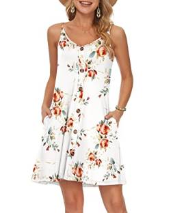 WNEEDU Damen Kleid Sommer Spaghettiträger Sommerkleid Kurze Strandkleider V Ausschnitt Leichte Freizeitkleid mit Taschen Rose Weiß M von WNEEDU