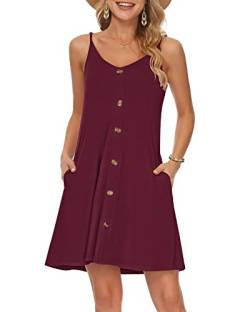 WNEEDU Damen Kleid Sommer Spaghettiträger Sommerkleid Kurze Strandkleider V Ausschnitt Leichte Freizeitkleid mit Taschen Weinrot L von WNEEDU