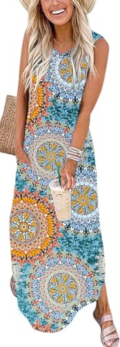 WNEEDU Damen Lang Strandkleider Sommer Maxi Kleider V-Ausschnitt Freizeitkleid Leichte Ärmellos Sommerkleider mit Taschen,Boho Grün Drucken M von WNEEDU