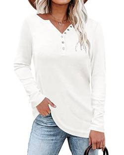 WNEEDU Damen Langarm Henley Shirt Leichte Pullover V-Ausschnitt Oberteile Bluse mit Knöpfe von WNEEDU