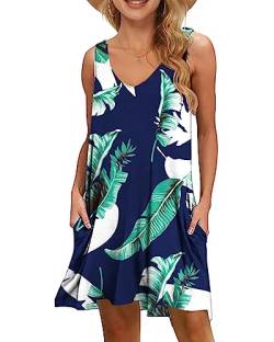 WNEEDU Damen Leichte Sommerkleid V-Ausschnit Swing Tank-Kleid Ärmellos Strandkleid Knielang mit Taschen(Blau Drucken,L) von WNEEDU