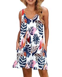 WNEEDU Damen Leichte Sommerkleid V-Ausschnit Swing Tank-Kleid Ärmellos Strandkleid Knielang mit Taschen(Blauer Wegerich,S) von WNEEDU