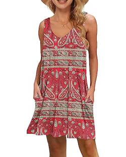 WNEEDU Damen Leichte Sommerkleid V-Ausschnit Swing Tank-Kleid Ärmellos Strandkleid Knielang mit Taschen(Boho Rot Floral,XL) von WNEEDU