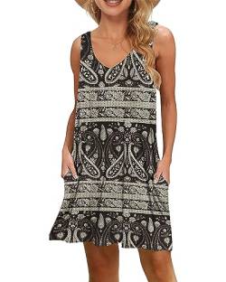 WNEEDU Damen Leichte Sommerkleid V-Ausschnit Swing Tank-Kleid Ärmellos Strandkleid Knielang mit Taschen(Boho Schwarz Floral,L) von WNEEDU