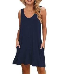 WNEEDU Damen Leichte Sommerkleid V-Ausschnit Swing Tank-Kleid Ärmellos Strandkleid Knielang mit Taschen(Navy Blau,M) von WNEEDU