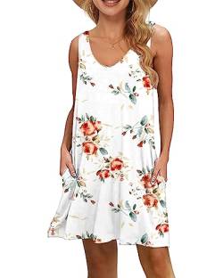 WNEEDU Damen Leichte Sommerkleid V-Ausschnit Swing Tank-Kleid Ärmellos Strandkleid Knielang mit Taschen(Rose Weiß,S) von WNEEDU