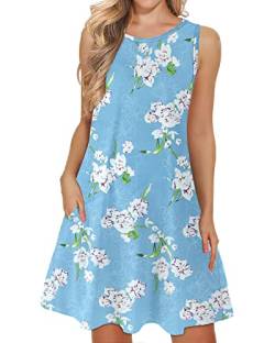 WNEEDU Damen Leichte Strandkleid Ärmellos Tank Sommerkleider Swing Kleider mit Taschen Floral Hellblau L von WNEEDU