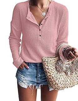 WNEEDU Damen Oberteile Langarm Waffelstrick Henley Shirt Leichte Pullover V-Ausschnitt von WNEEDU