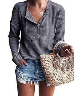 WNEEDU Damen Oberteile Langarm Waffelstrick Henley Shirt Leichte Pullover V-Ausschnitt von WNEEDU