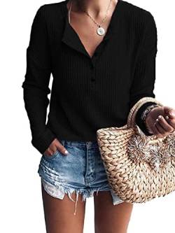 WNEEDU Damen Oberteile Langarm Waffelstrick Henley Shirt Leichte Pullover V-Ausschnitt von WNEEDU